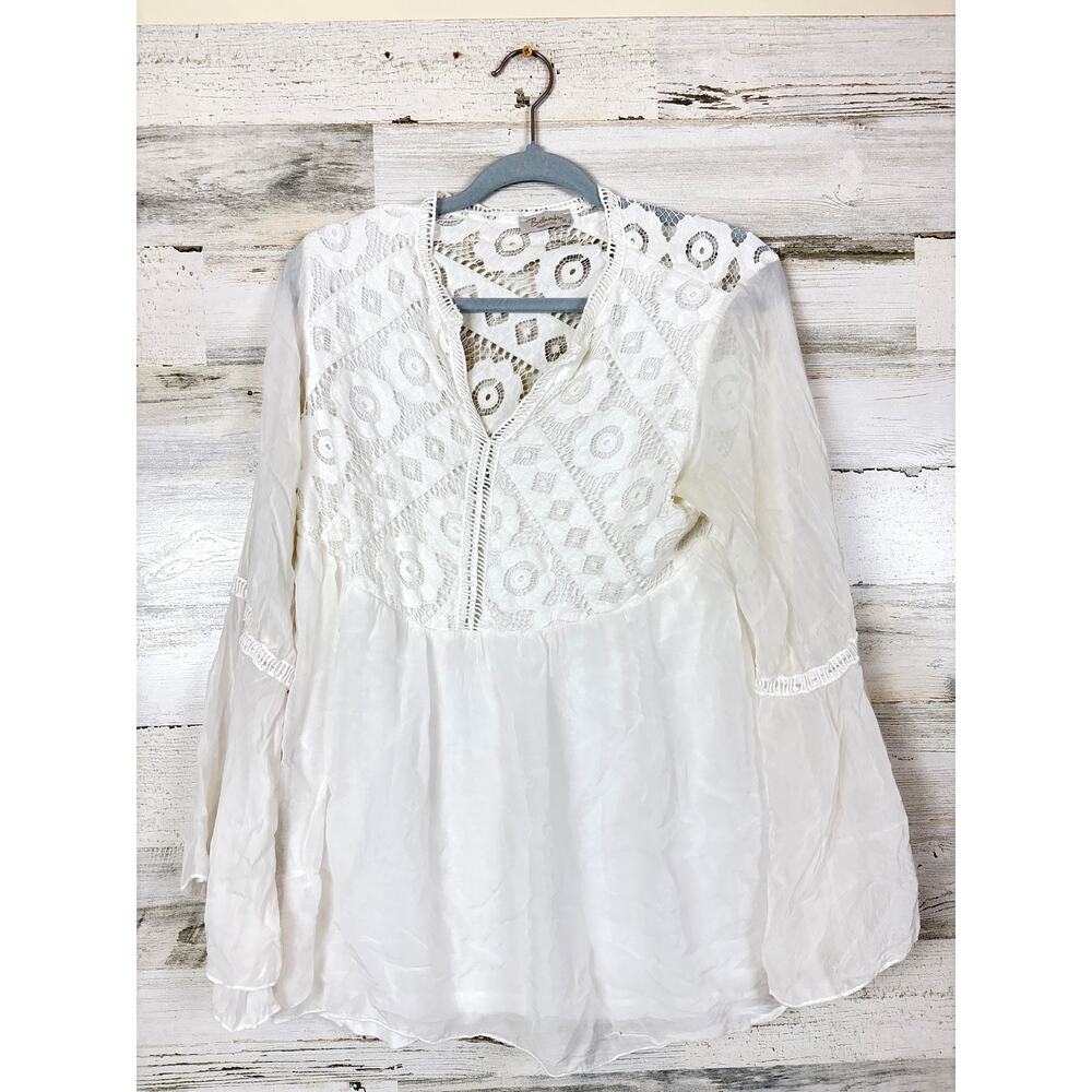 Bellambra Womens M White 100% Silk Italian Lace Lined Boho Bell Sleeve Blouse